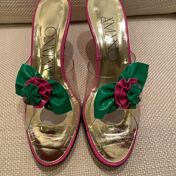Amano Vintage Handmade Hot Pink Green Flower Clear Slide w H Pink Heel / Size 9N - Picture 6 of 16
